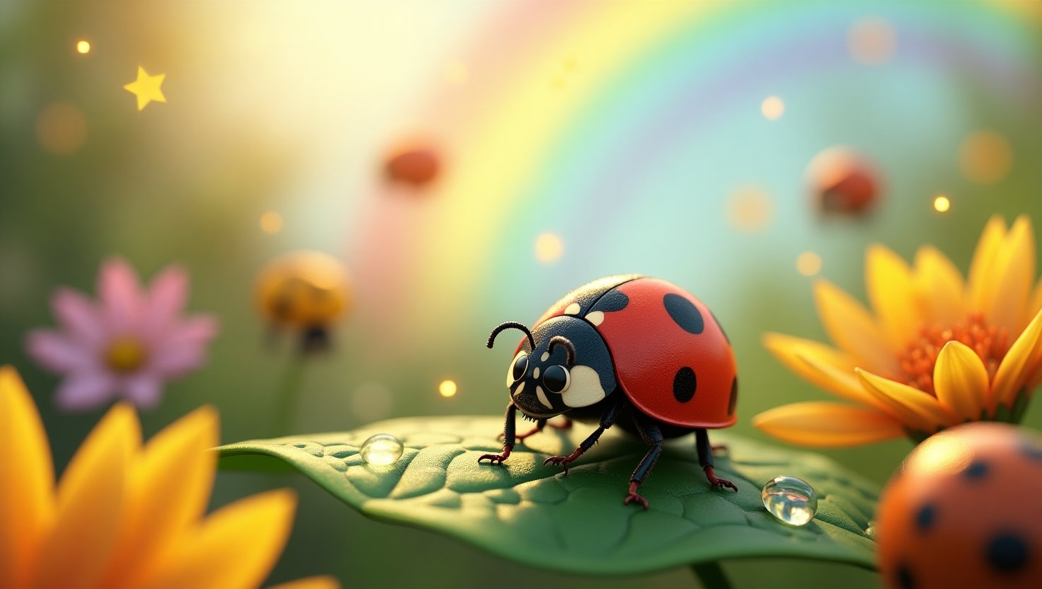 A photorealistic 3D render of a cheerful red ladybug with black spots, perched on a dewy green leaf. Playful speech bubbles with ladybug puns float around it, set in a magical garden with flowers, sparkles, and a faint rainbow in the background.