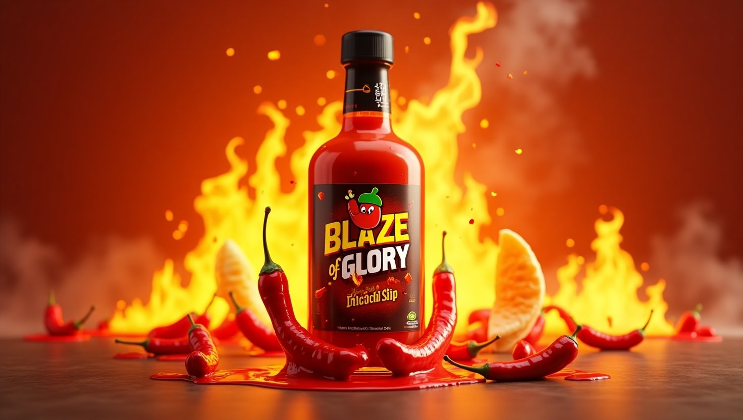 A realistic 3D close-up of a flaming hot sauce bottle splashing vibrant red sauce onto a sizzling taco, with chili peppers and fire effects in the background.