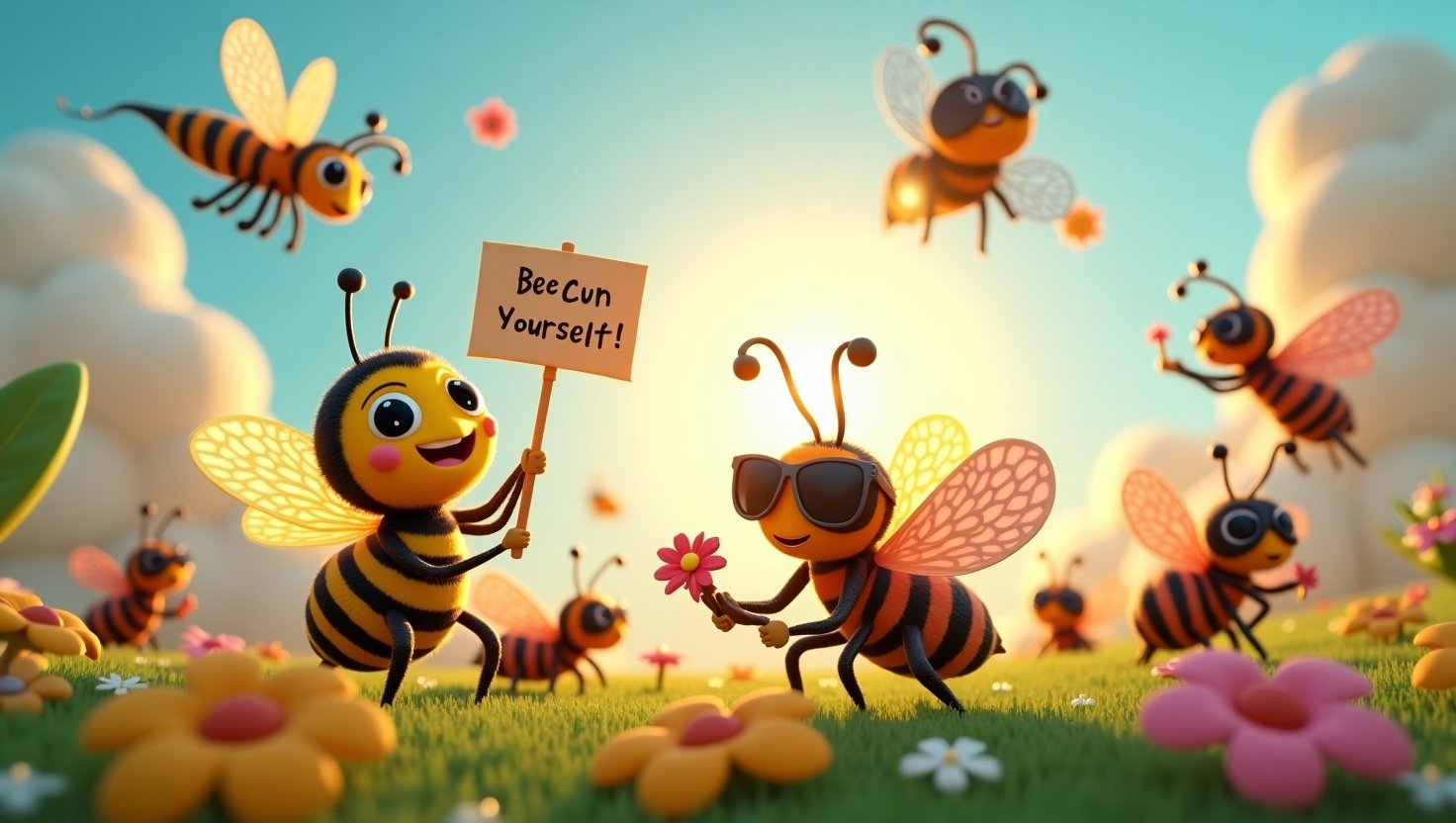 A whimsical 3D scene of playful insects engaging in pun-inspired activities, including a bee holding a 'Bee Yourself!' sign, a butterfly with heart-shaped wings, ants carrying a banner, and a dragonfly with sunglasses, all set in a vibrant meadow.
