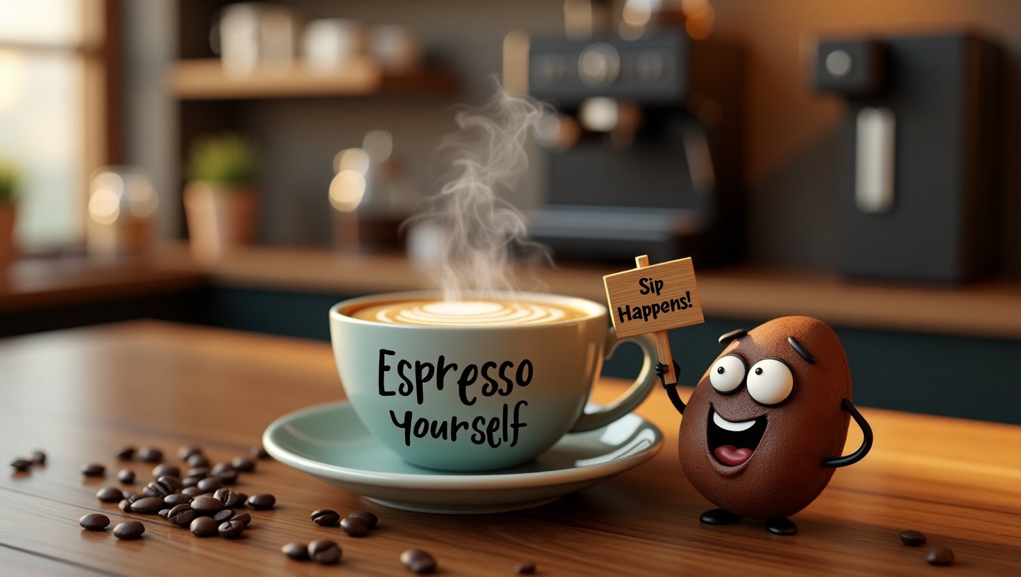 A steaming cup of coffee in a stylish ceramic mug with the pun "Espresso Yourself" written in elegant typography. The cozy coffee shop setting includes a wooden counter, a vintage espresso machine, and a tiny animated coffee bean character holding a sign that says "Sip Happens!" Warm lighting and realistic textures create a comforting and inviting atmosphere.