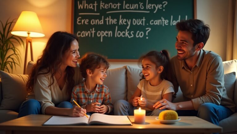 A diverse family sitting together in a cozy living room, laughing and solving riddles. A chalkboard in the background displays classic riddles like 'What has keys but can’t open locks?' with the answer 'A piano.' Warm lighting highlights their joyful expressions and engagement.