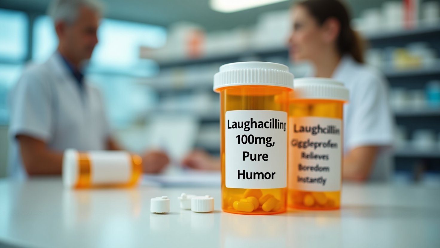 A pharmacy counter with prescription bottles featuring humorous drug labels like 'Laughacillin' and 'Giggleprofen,' adding a playful twist to medicine.