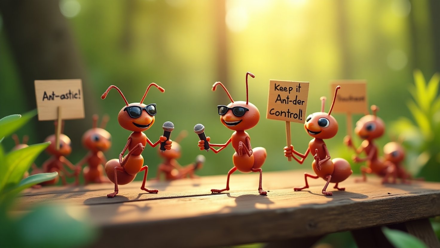 A group of realistic ants engaging in funny activities—one ant wears sunglasses while telling jokes, another laughs hysterically, and others hold tiny signs with pun-filled phrases like 'Ant-astic!' and 'Keep it Ant-der Control!' in a playful nature setting.