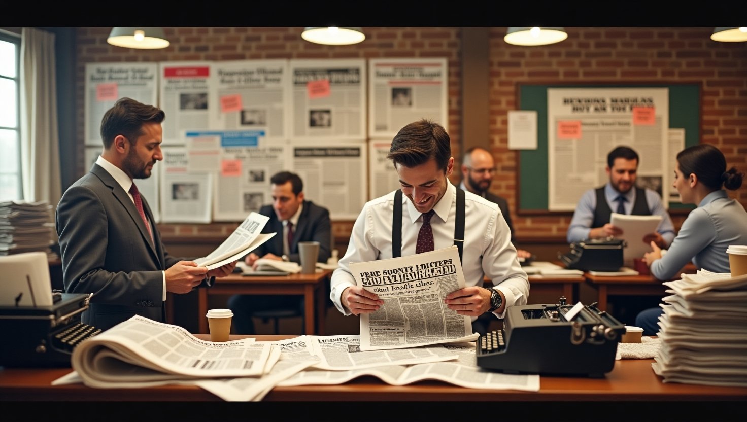 A lively newsroom with vintage typewriters, laughing journalists, and newspapers featuring hilarious pun-based headlines.