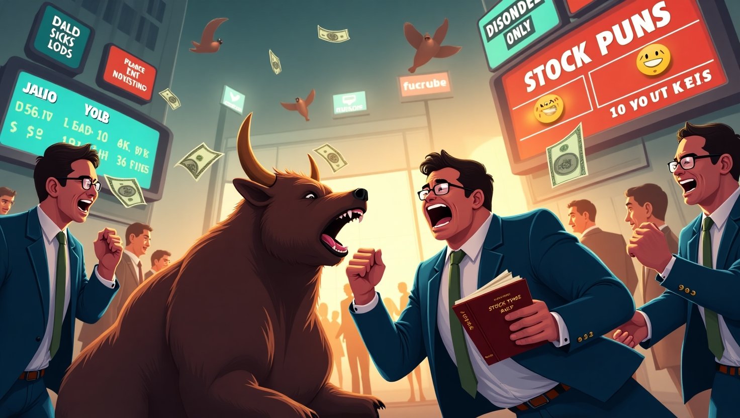 Wall Street traders monitor stock tickers with humorous symbols like 'PUNS' and 'LOL' alongside real market data. A playful nod to investing humor.