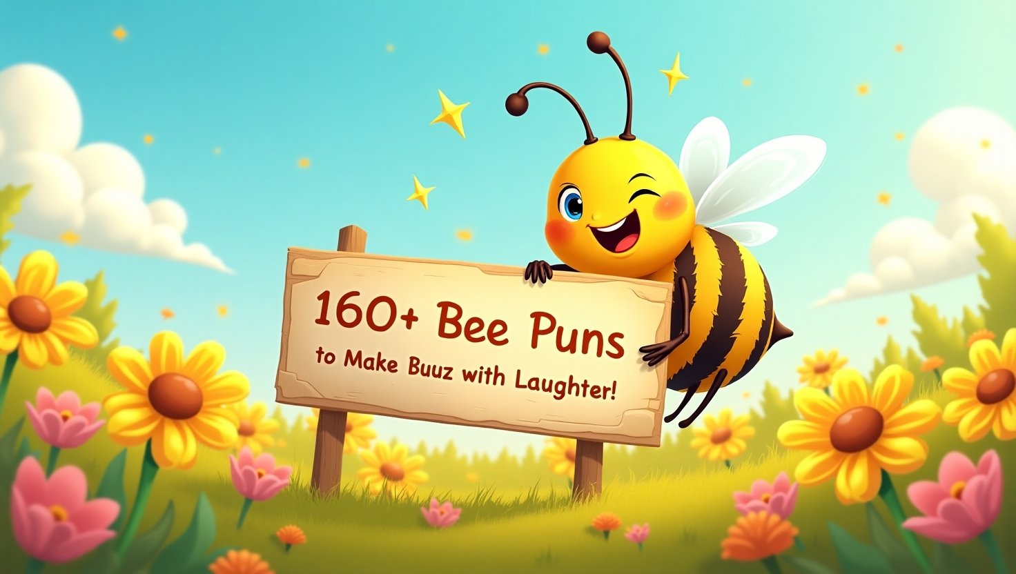 Cartoon bee holding a sign that says '160+ Bee Puns to Make You Buzz with Laughter' in a sunny meadow with flowers, honeycombs, and a bright blue sky.