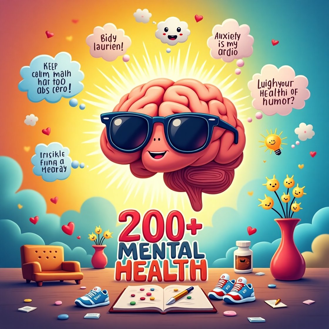 A vibrant, cartoonish image of a smiling brain wearing sunglasses, surrounded by playful speech bubbles with mental health puns. The background features a gradient sky, a therapist’s couch, and icons like a pill bottle, teacup, and yoga mat, symbolizing joy, therapy, and self-care.