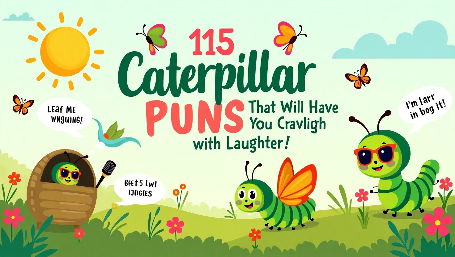 A cheerful cartoon caterpillar holding a leaf, surrounded by colorful butterflies and flowers in a sunny meadow, with text: '115 Caterpillar Puns That Will Have You Crawling with Laughter!