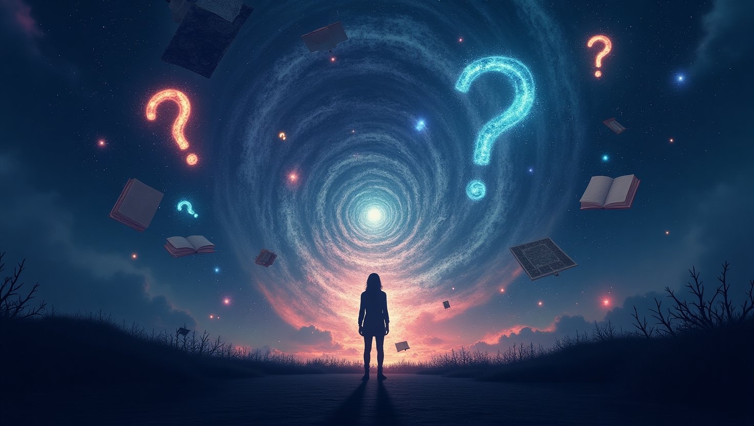 A lone thinker gazes into a cosmic vortex of glowing question marks, floating books, and an infinite staircase, symbolizing the mysteries of existence and the pursuit of wisdom.