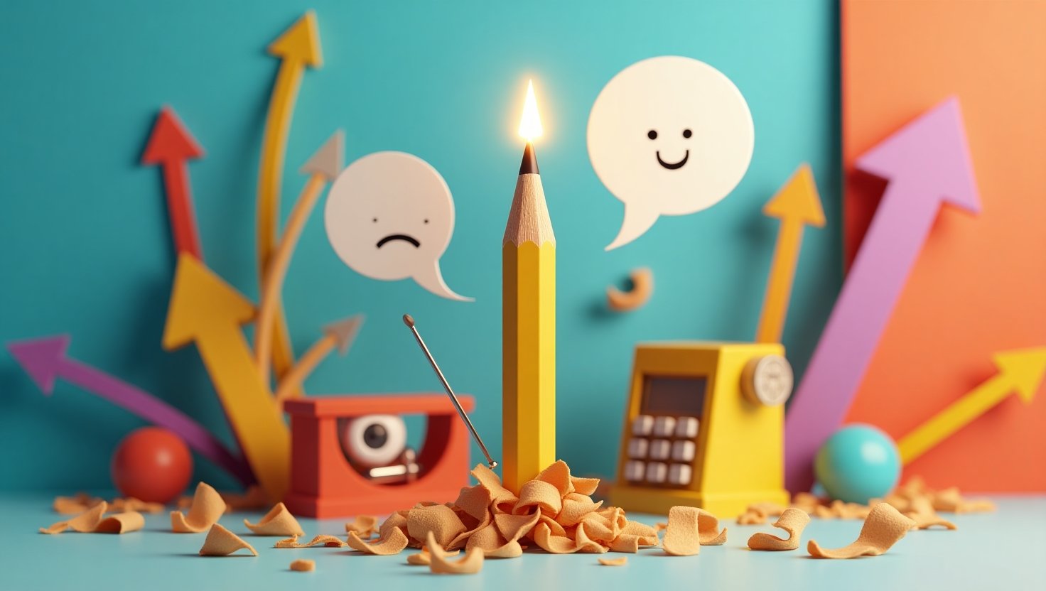 A hyper-realistic, vibrant image of a giant glowing pencil with a sharp tip, surrounded by playful objects like a spinning compass, a smiling pencil sharpener, and a needle threading a speech bubble. The background features colorful geometric shapes and bold text saying, '160+ Point Puns to Score Big Laughs!