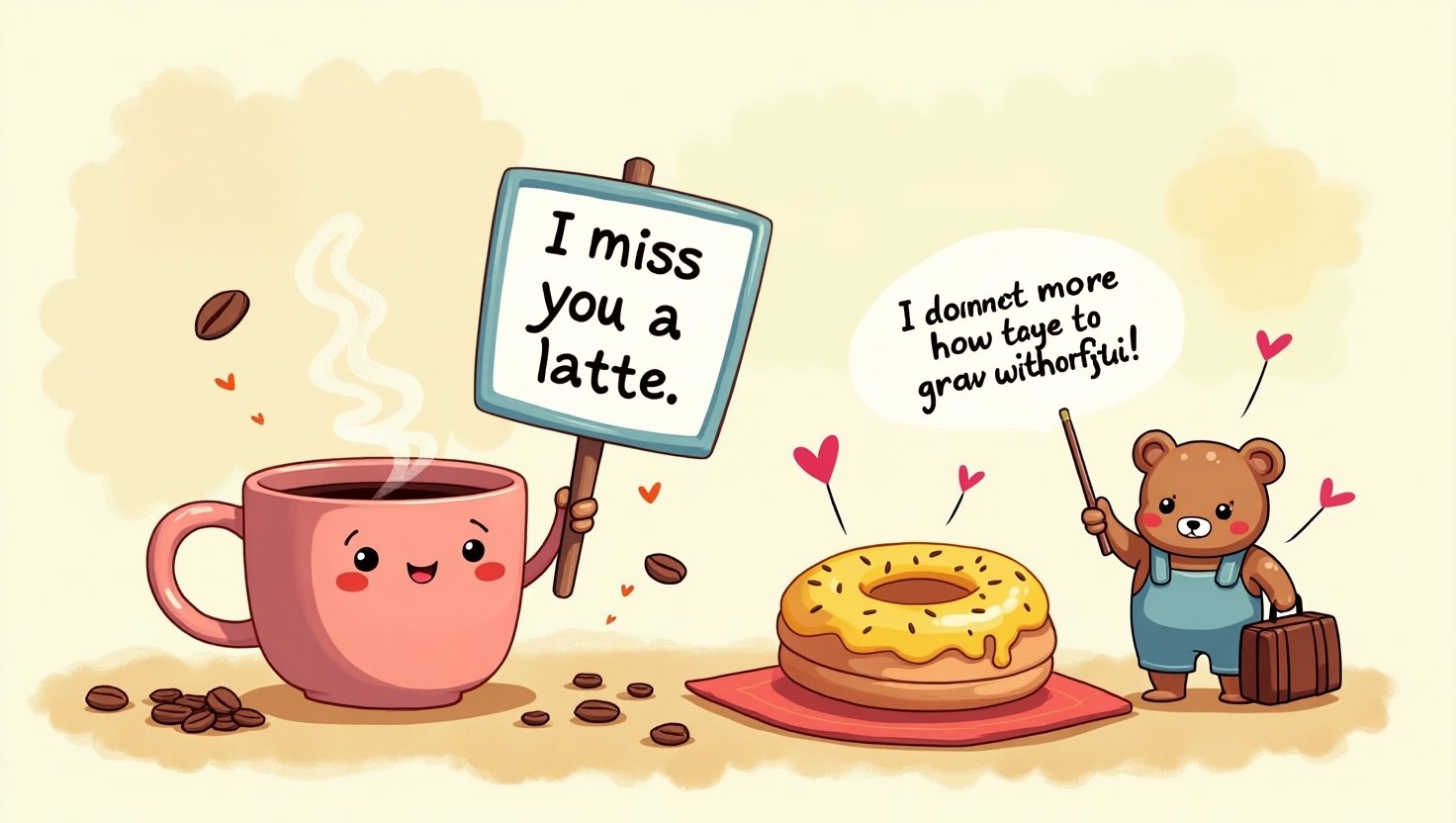 Whimsical illustration of a smiling coffee cup holding a 'I miss you a latte' sign, surrounded by hearts and beans, on a pastel background.