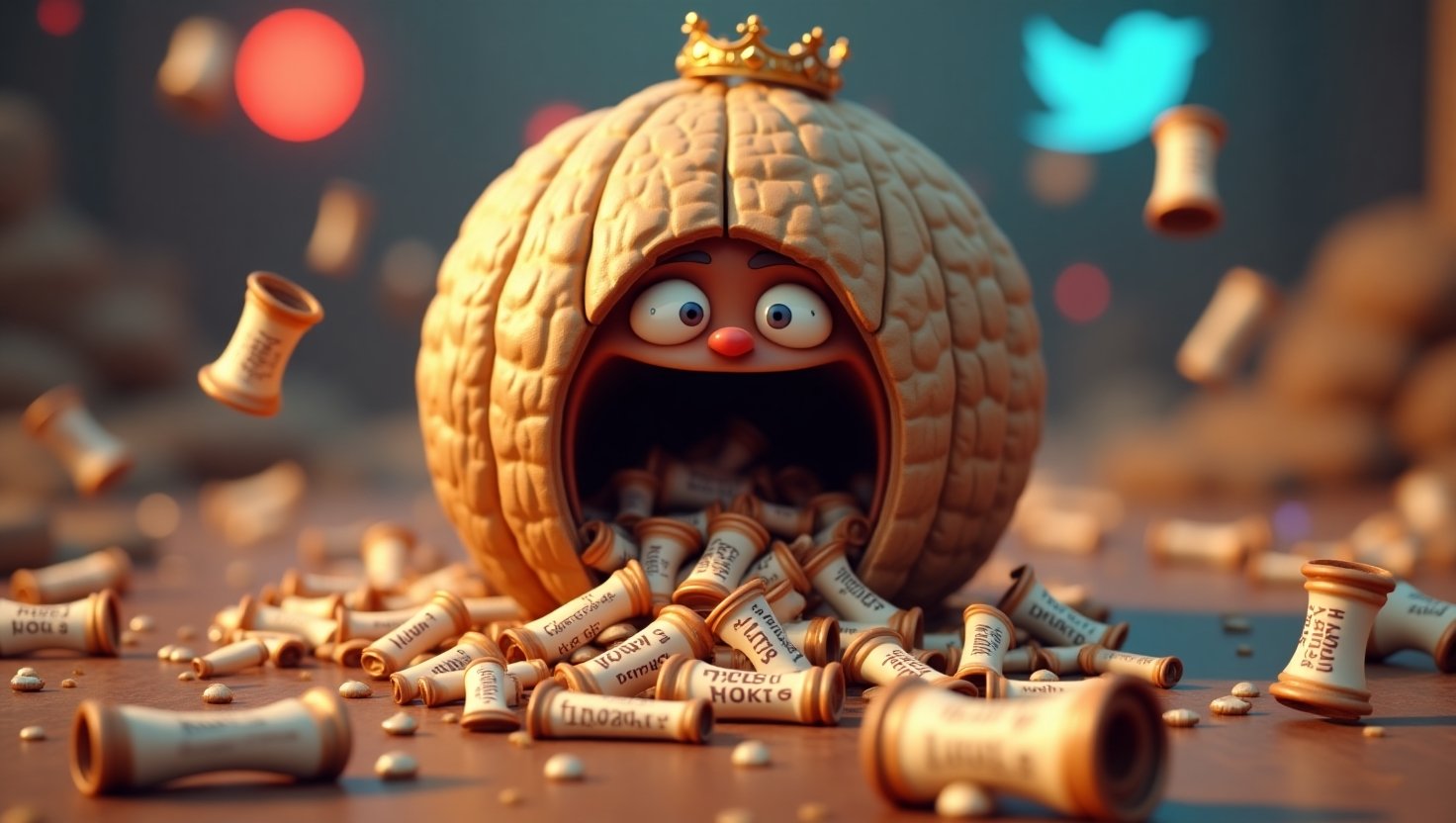 A hyper-realistic cracked walnut with a cartoon face laughing, spilling ‘Deez Nuts’ joke scrolls, surrounded by meme trophies and viral hashtags. Funny prank humor concept