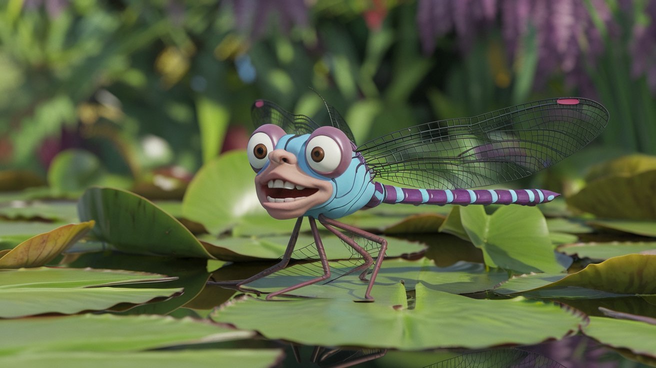 A cool dragonfly wearing sunglasses, hovering over a pond with a playful expression.