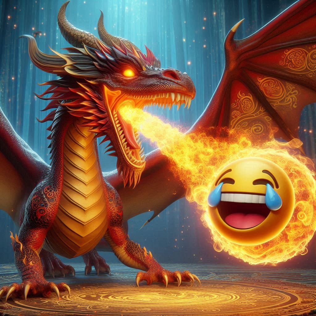 A majestic, fire-breathing dragon playfully exhales flames shaped like laughing emojis, perched on a mystical mountain under a glowing twilight sky.