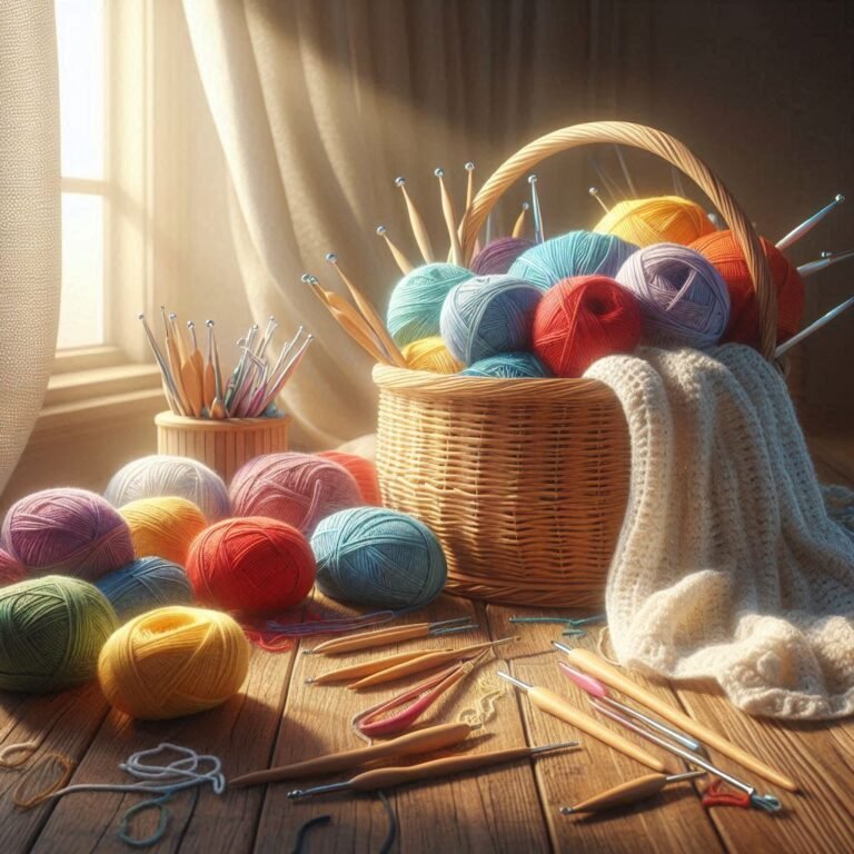 A cozy crochet scene with colorful yarns, crochet hooks, and a partially completed crochet project on a wooden table, accompanied by a warm cup of tea and playful decor.