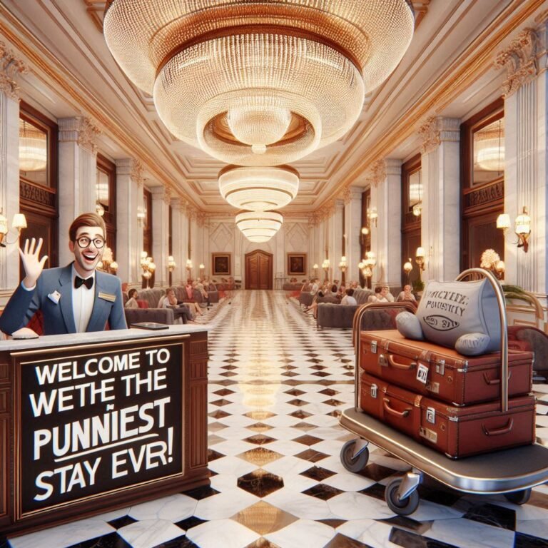 Luxurious hotel lobby with a smiling receptionist, playful pun signs, and a cozy seating area, embodying humor and hospitality.