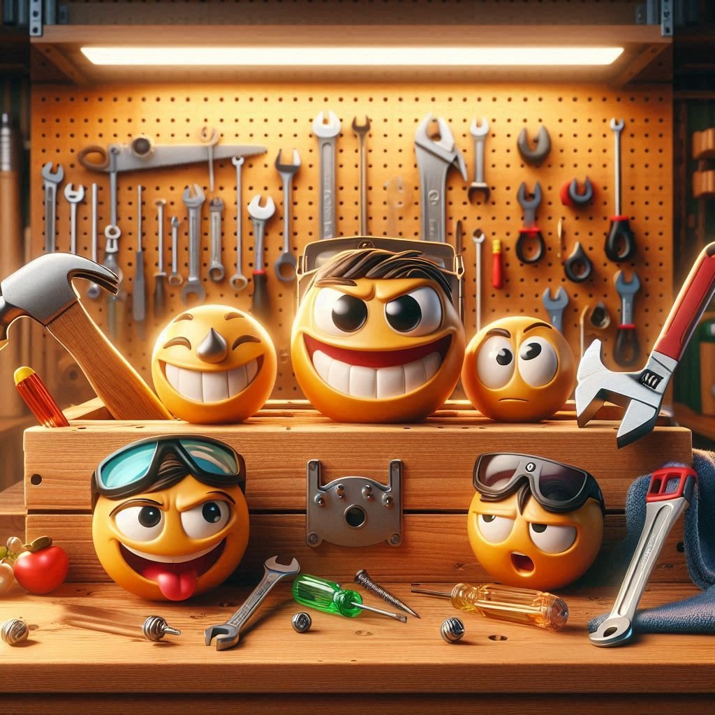 Funny 3D-rendered tools with expressive faces on a workbench, featuring a hammer, screwdriver, wrench, and saw with playful expressions.