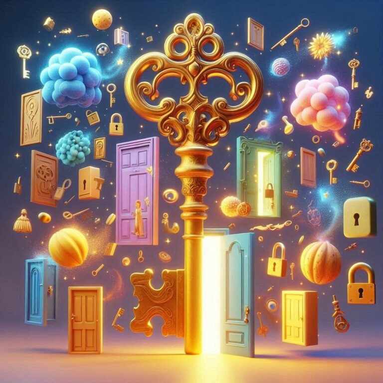 A whimsical 3D scene featuring a glowing golden key unlocking a magical world of laughter, with floating doors, playful key characters, and humorous scenarios inspired by key puns.