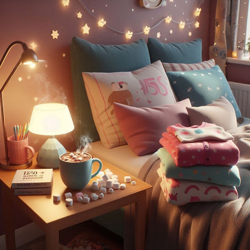 A cozy bed with colorful pajamas, a cup of hot cocoa, fairy lights, and a plush teddy bear, creating a warm and snuggly ambiance.