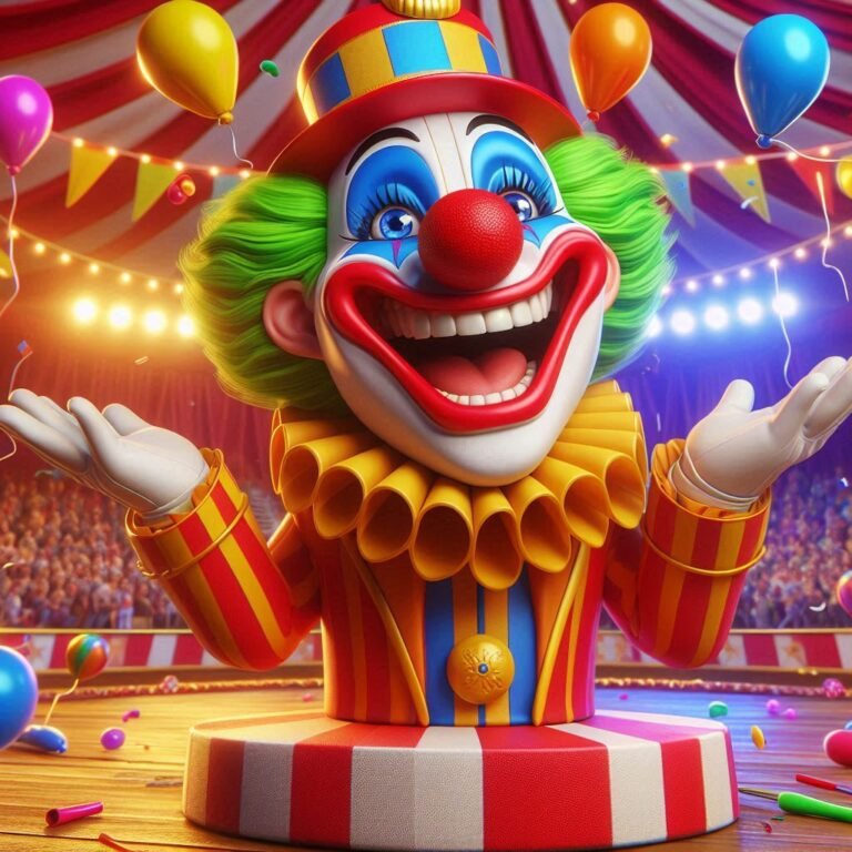 A joyful clown juggling colorful balloons on a circus pedestal, surrounded by bright lights and laughter.