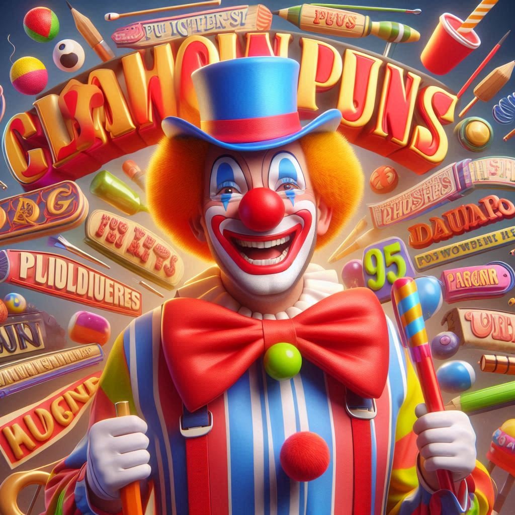 Cheerful clown in a colorful outfit holding a 'Pun-tastic Fun!' sign, set in a lively circus scene with balloons, confetti, and laughing crowd. Visual puns like juggling eggs add playful humor.