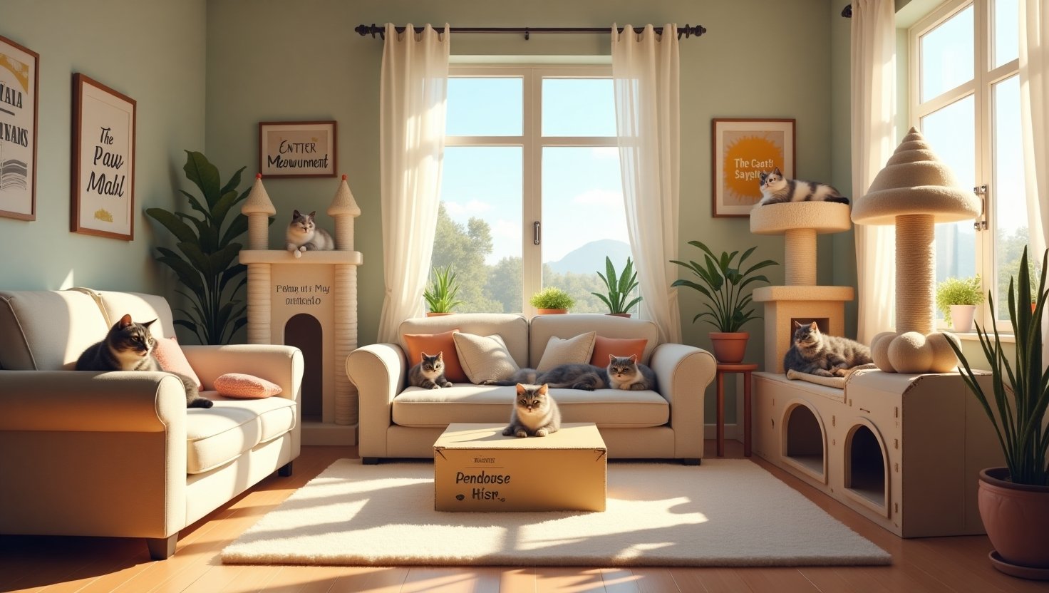 A cozy, sunlit living room filled with whimsical cat furniture, lounging cats, and humorous cat-themed decor like “Tail Mahal” and “Enter at Your Own Hiss” signs.