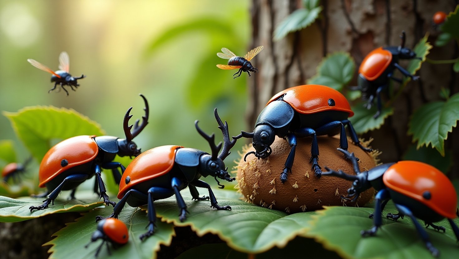 A highly detailed and realistic image of various beetle species, including stag beetles, rhinoceros beetles, ladybugs, dung beetles, fireflies, and weevils, displayed in a vibrant natural setting with lush green foliage and soft lighting.