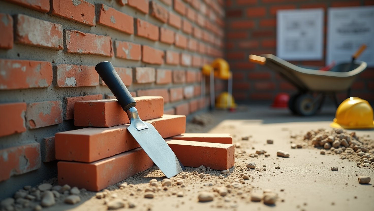 Realistic construction site scene featuring a partially built brick wall, stacked red bricks, masonry tools, and cement under warm daylight.