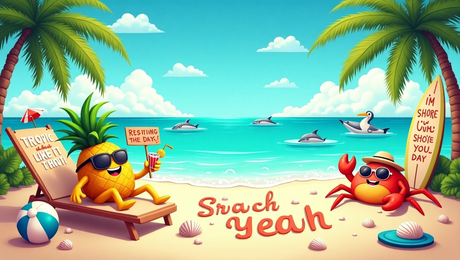 A playful tropical beach scene featuring a coconut in sunglasses, a smiling pineapple with a drink, punny sandcastles, and cartoon dolphins — filled with visual beach puns like ‘Tropic Like It’s Hot’ and ‘Seas the Day.