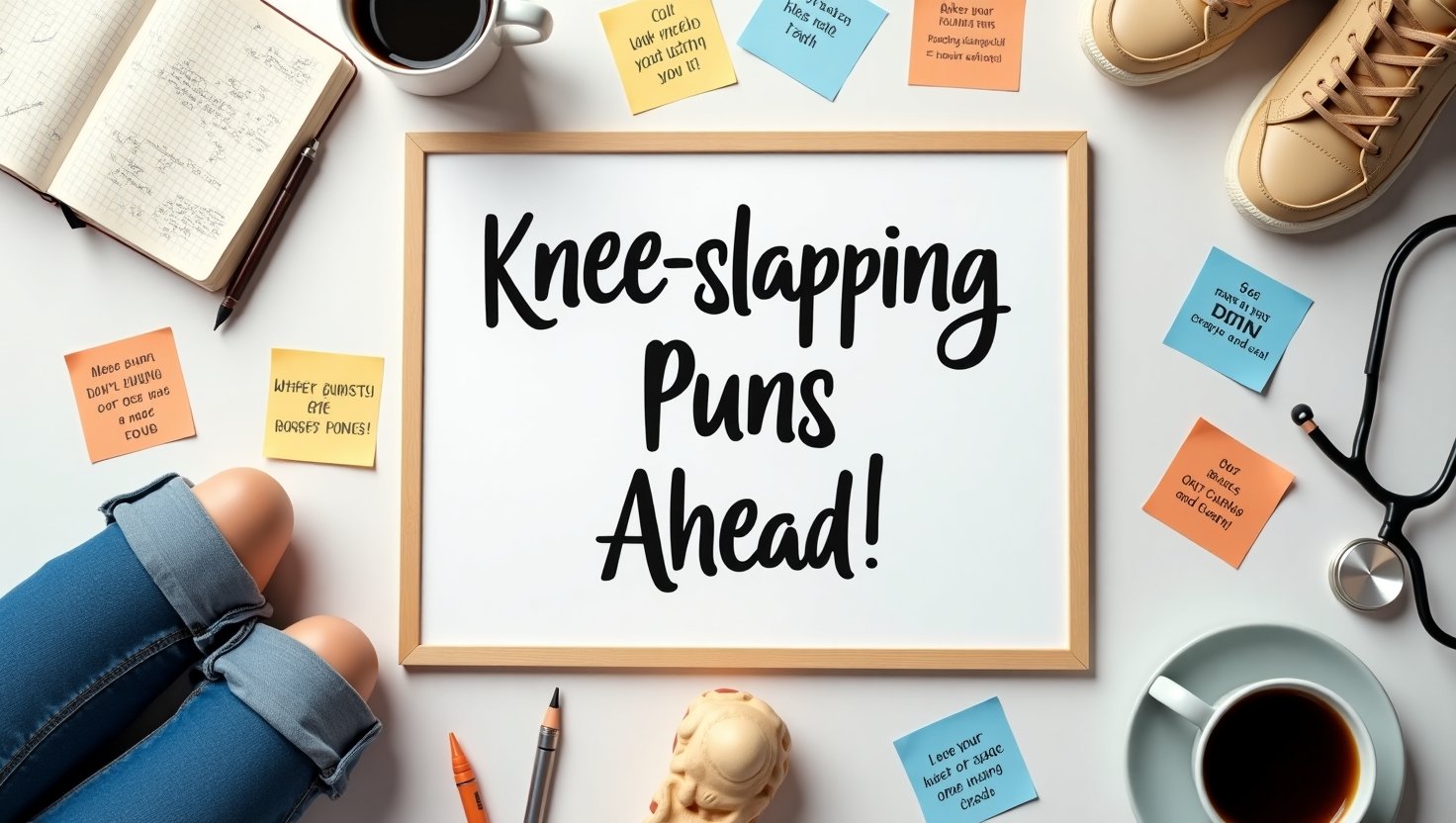 A cheerful group of people laughing together, some clutching their knees in amusement. A large sign in the background reads “150+ Knee Puns” surrounded by playful speech bubbles featuring knee-related jokes. The setting is vibrant and dynamic, resembling a comedy club or light-hearted pun event.