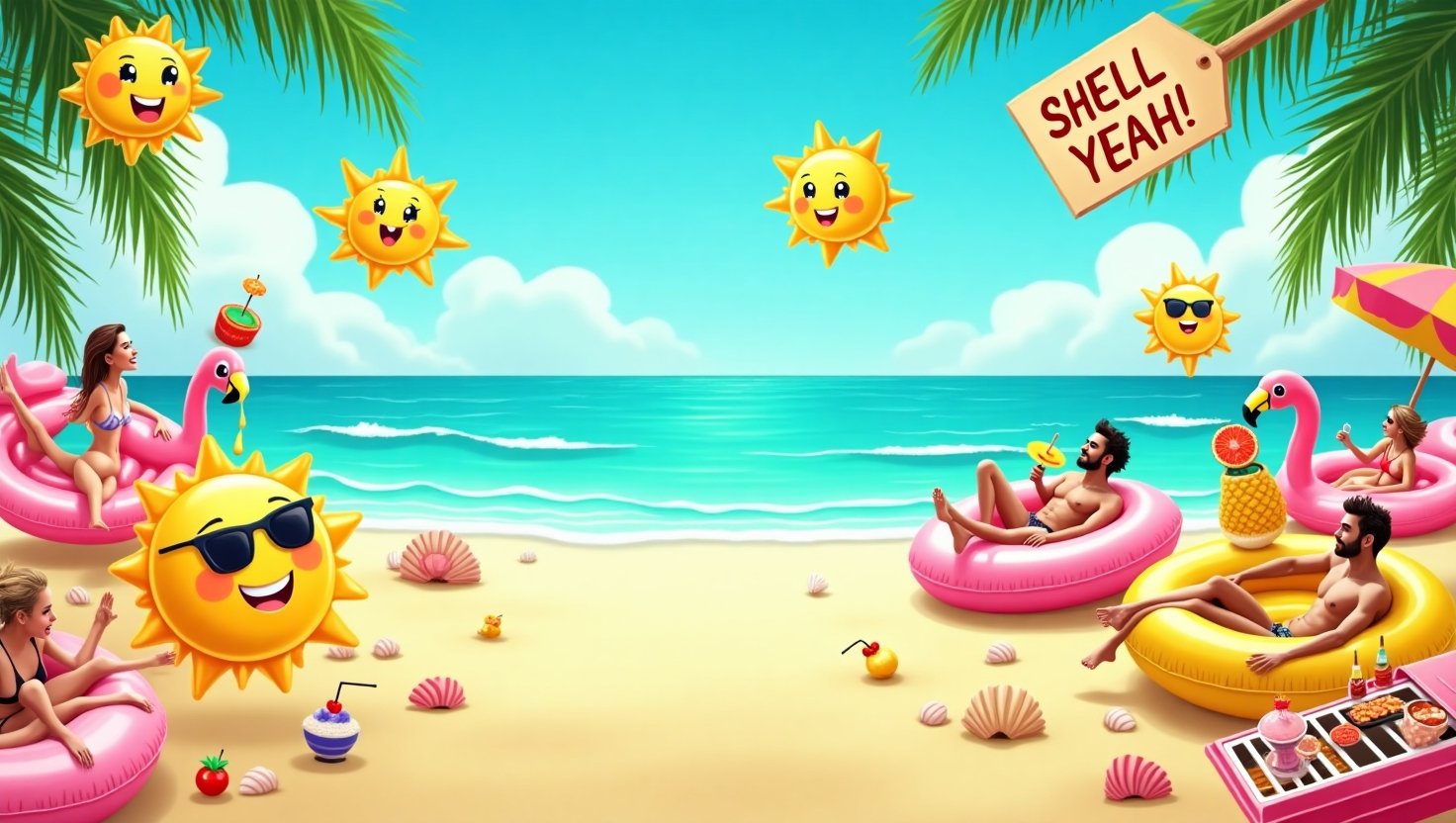 A vibrant summer-themed collage featuring beach scenes, smiling suns with sunglasses, tropical drinks, ice cream, pool inflatables, BBQ grills, and colorful pun signs like “Shell Yeah” and “Tropic Like It’s Hot” under a bright blue sky.