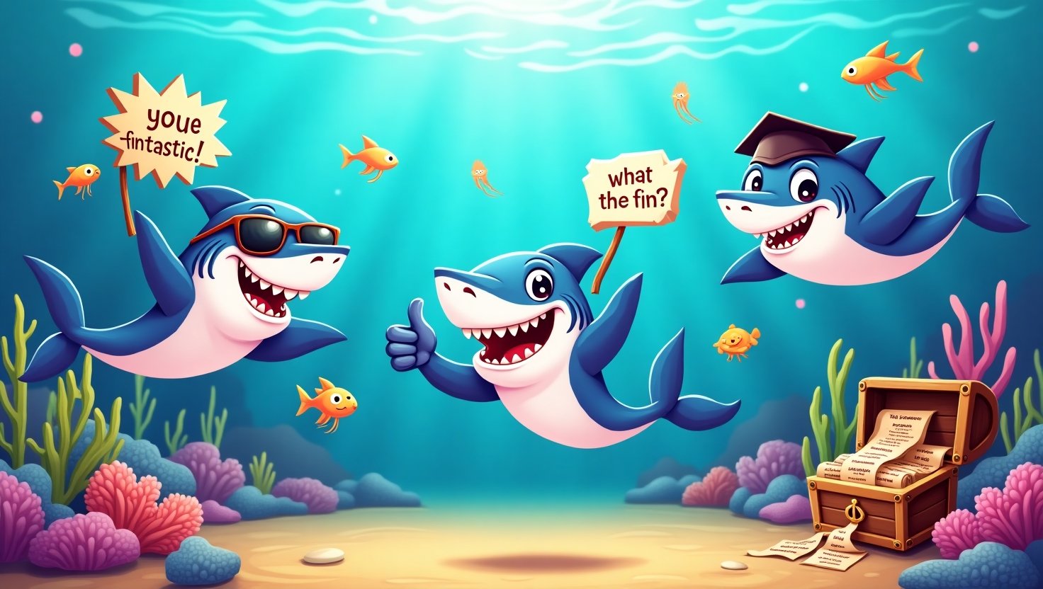 A cartoon-style great white shark with sunglasses smiling wide in a vibrant underwater scene filled with playful fish, bubbles, coral reefs, and pun-themed signs like "Fin-tastic!" and "Jaws of Laughter"
