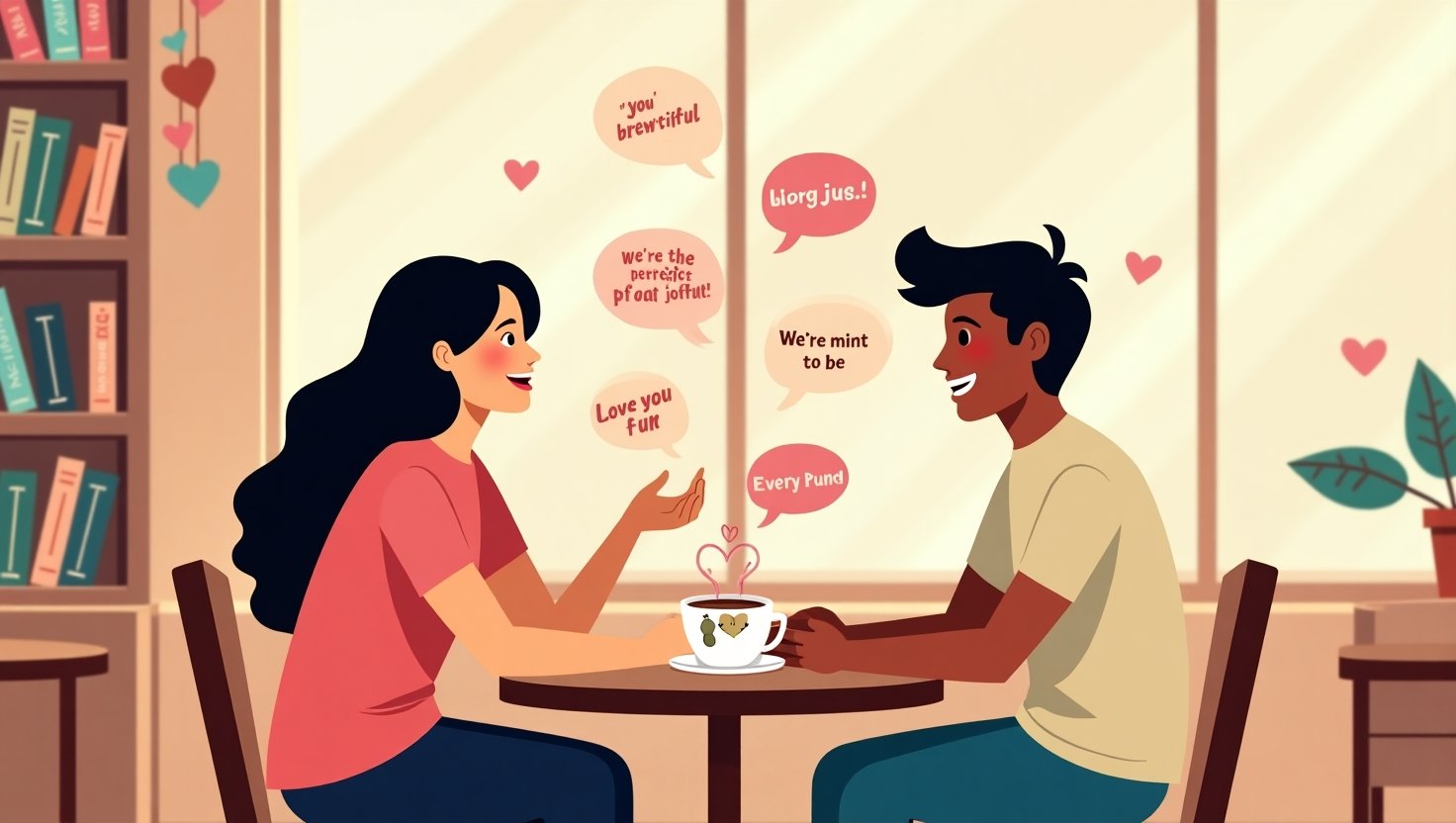 Couple in a cozy café sharing coffee with heart-shaped latte art surrounded by floating speech bubbles containing romantic puns like "You're brew-tiful" and "We're mint to be" under soft lighting.
