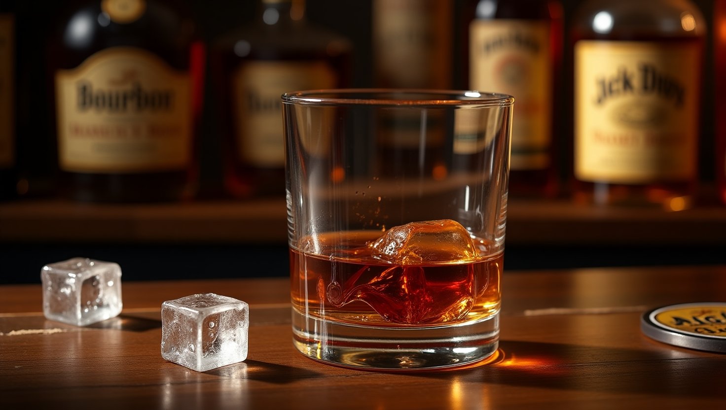 A cozy whiskey bar setting with a glass of rich amber whiskey on a wooden counter, surrounded by vintage-style whiskey bottles and playful whiskey-themed elements.
