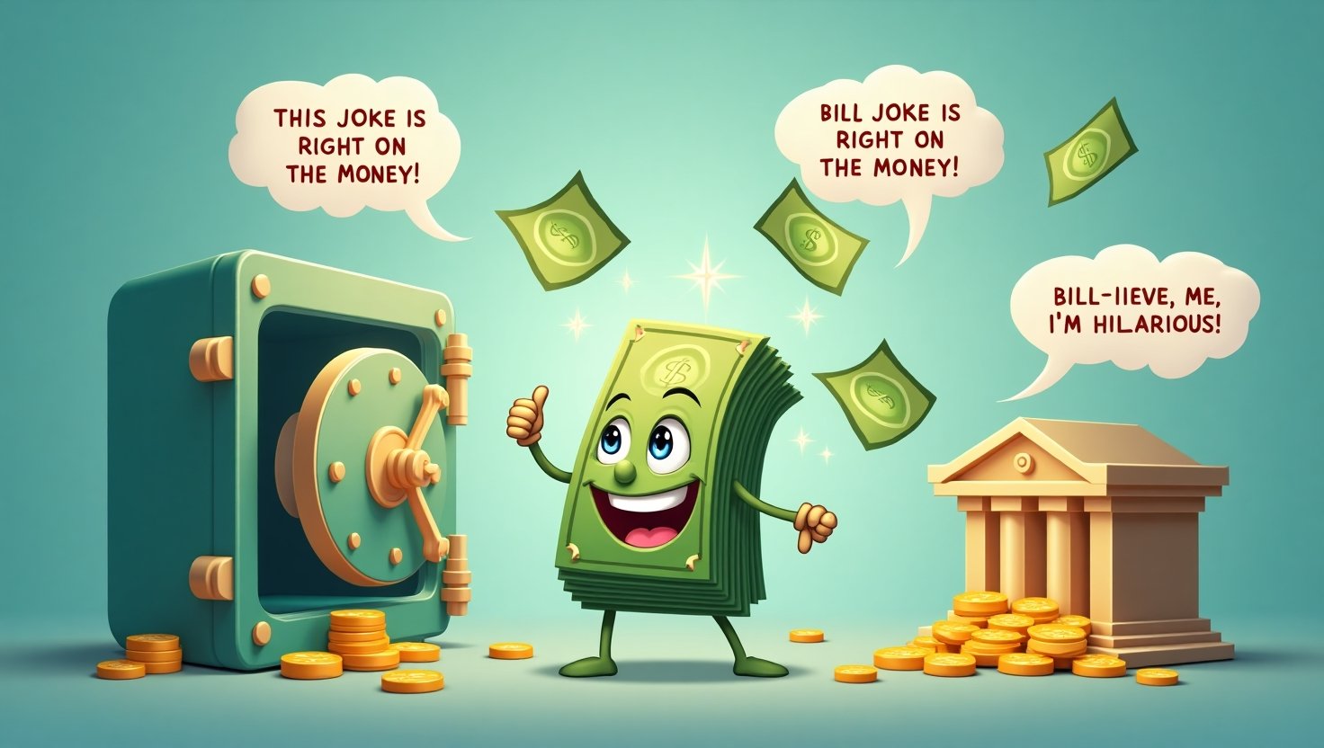 A vibrant and humorous financial-themed image featuring floating dollar bills, a cheerful cartoon dollar character, and a glowing bank vault, symbolizing wealth and laughter.