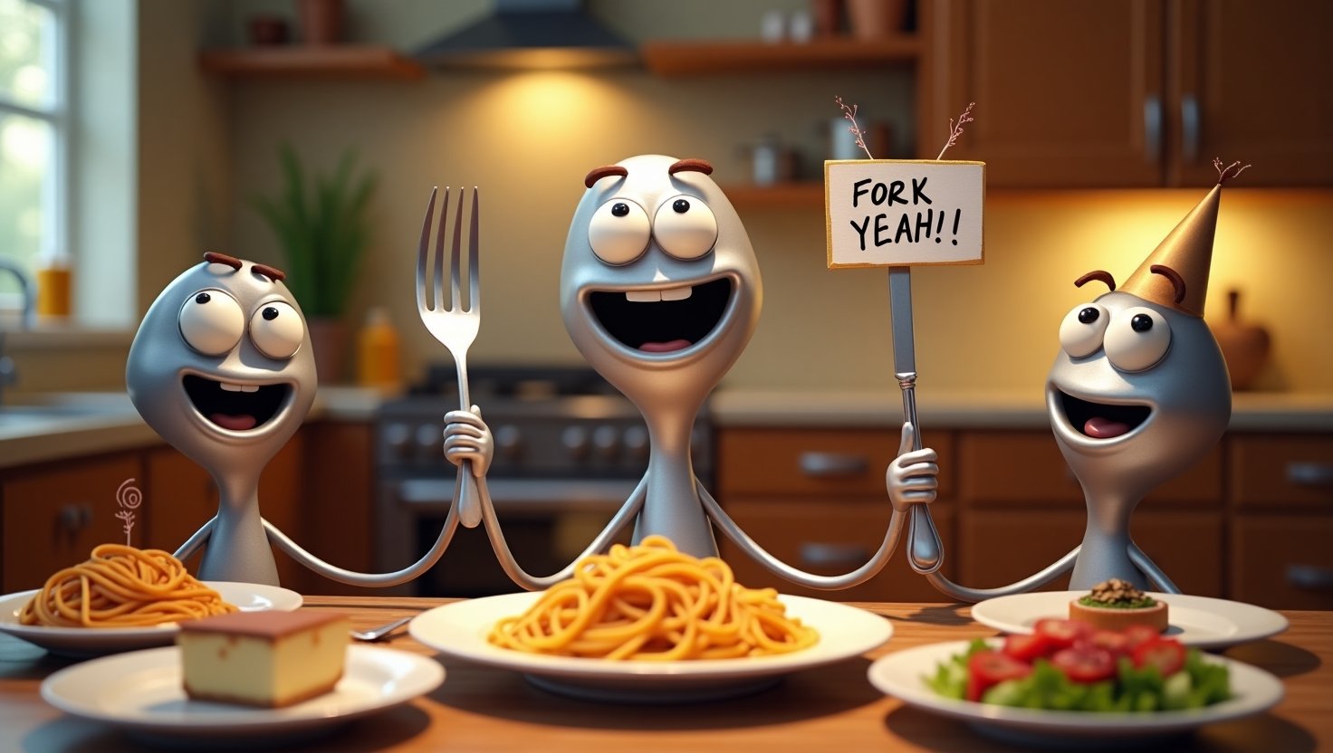 Funny illustrated dinner table scene with smiling cartoon forks making puns, surrounded by food, cutlery, and playful word bubbles in a cheerful, comic style.
