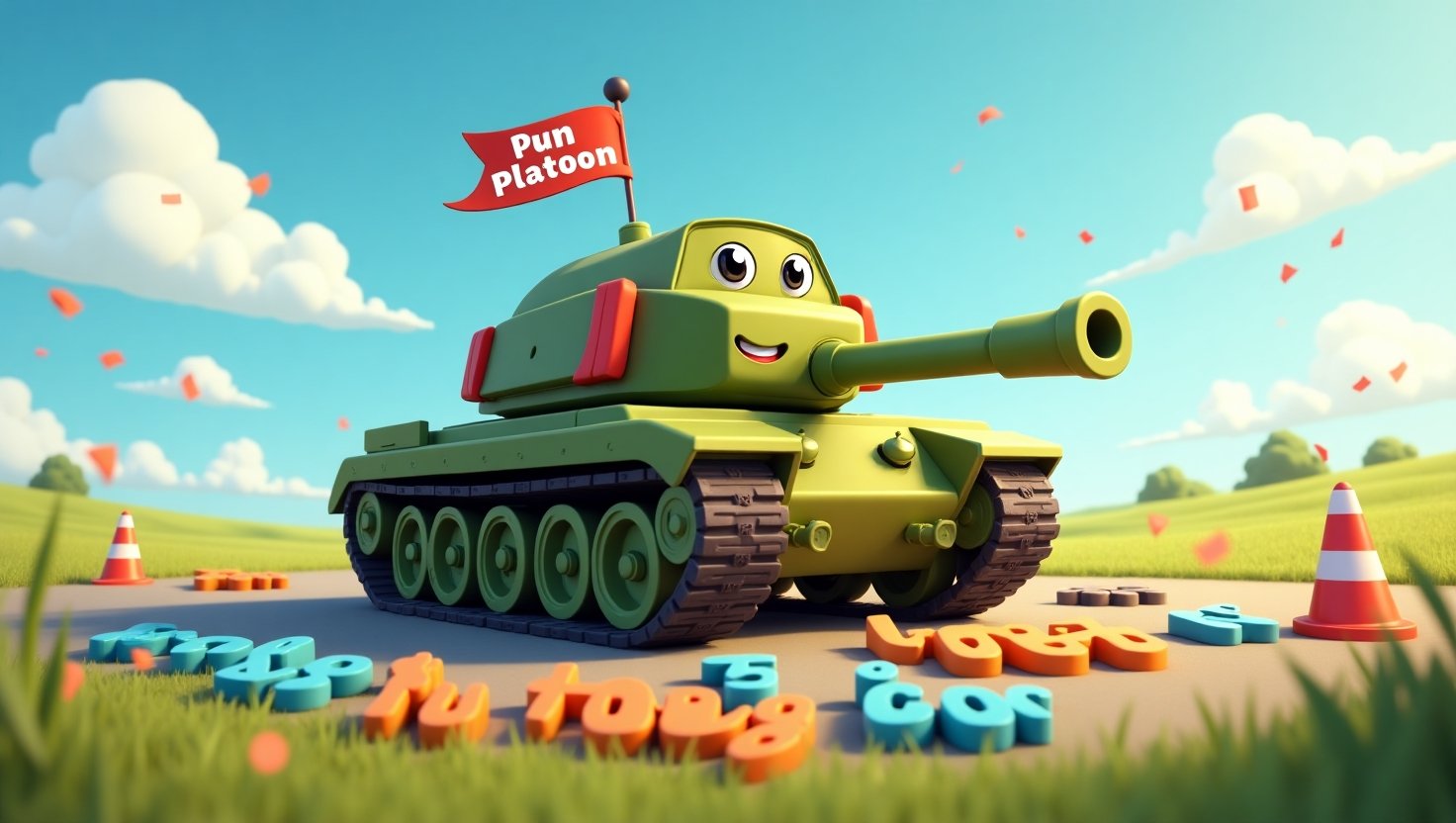 Cheerful cartoon tank rolling over giant pun words like "Tanks A Lot" and "Shell Yeah" in a bright, playful battlefield with confetti and a sunny sky.