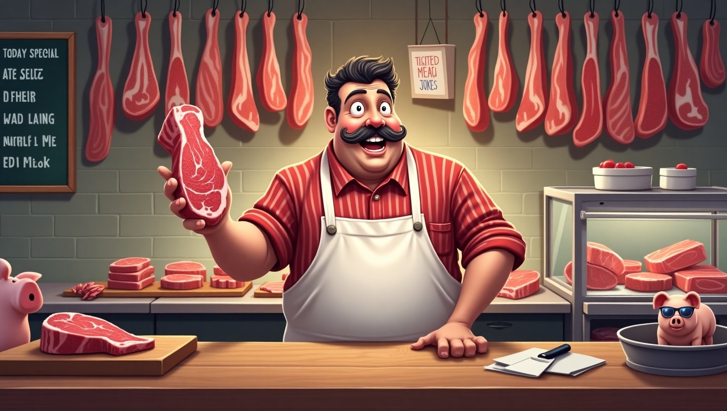 A skilled butcher in a classic white apron and hat, holding a sharp cleaver while standing behind a wooden chopping block filled with fresh cuts of meat. The setting is a rustic butcher shop with hanging sausages and knives in the background, creating an old-school yet vibrant atmosphere.