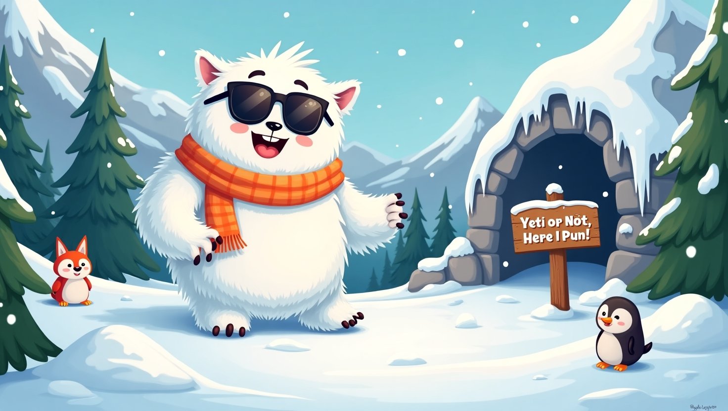 A cheerful cartoon yeti surrounded by floating snowflakes and icy pun speech bubbles in a whimsical winter landscape. The yeti is smiling wide, wearing cool sunglasses, and holding a pun sign that reads “Yeti or Not, Here I Pun!” with snowy mountains and frosty trees in the background.