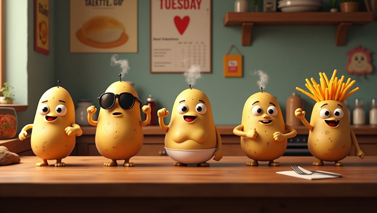 A cheerful group of anthropomorphic potatoes with expressive faces and quirky accessories like sunglasses, hats, and aprons, standing around a kitchen filled with fries, mash, and chips, surrounded by speech bubbles of potato puns like “You’re A-Peeling!” and “Let’s Hash It Out!” in a vibrant, cartoonish style.