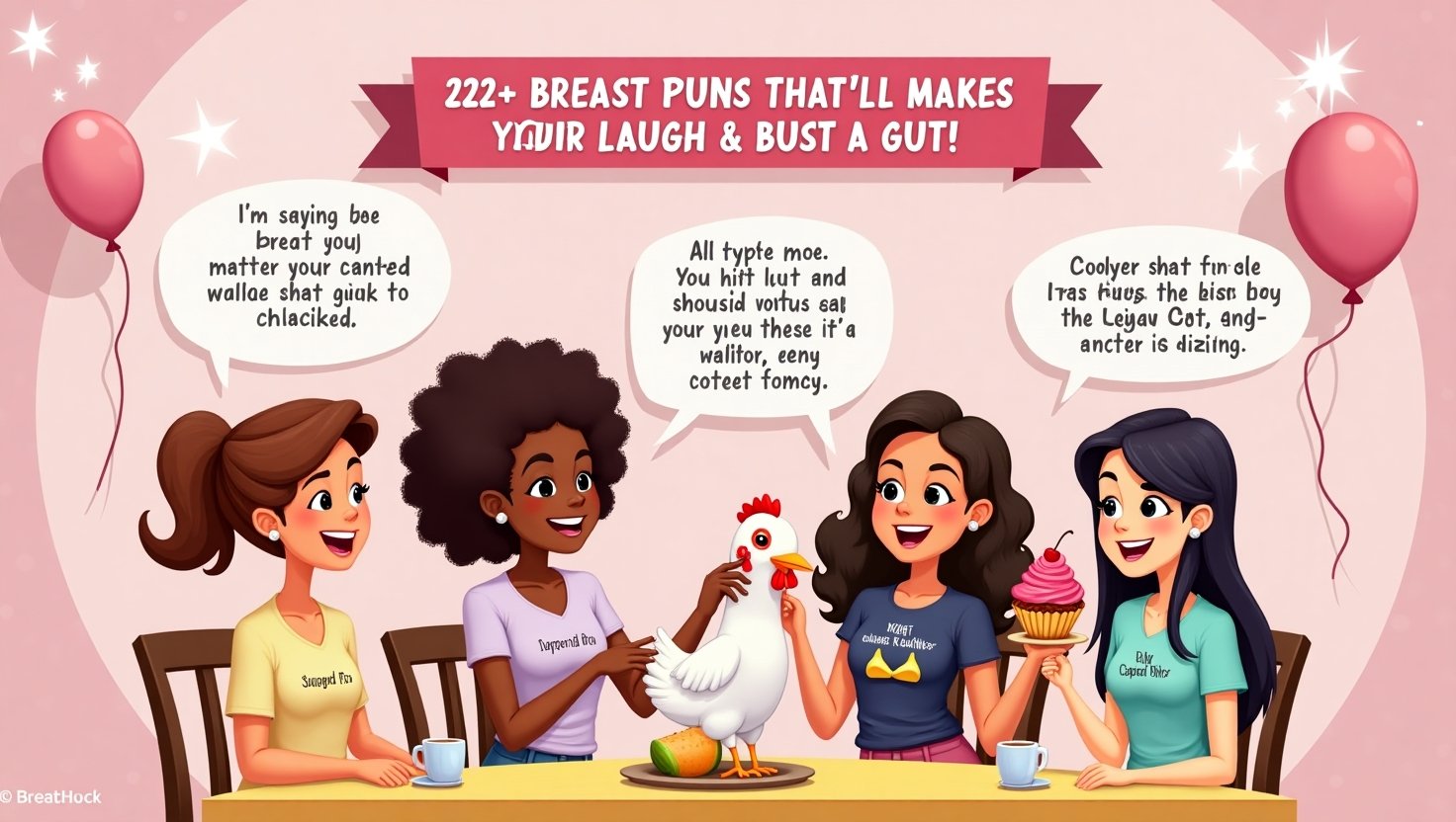 A confident, smiling woman in a playful pink outfit holding a sign that says “These Puns Are the Breast!” surrounded by humorous breast-themed icons and cheerful, colorful speech bubbles.