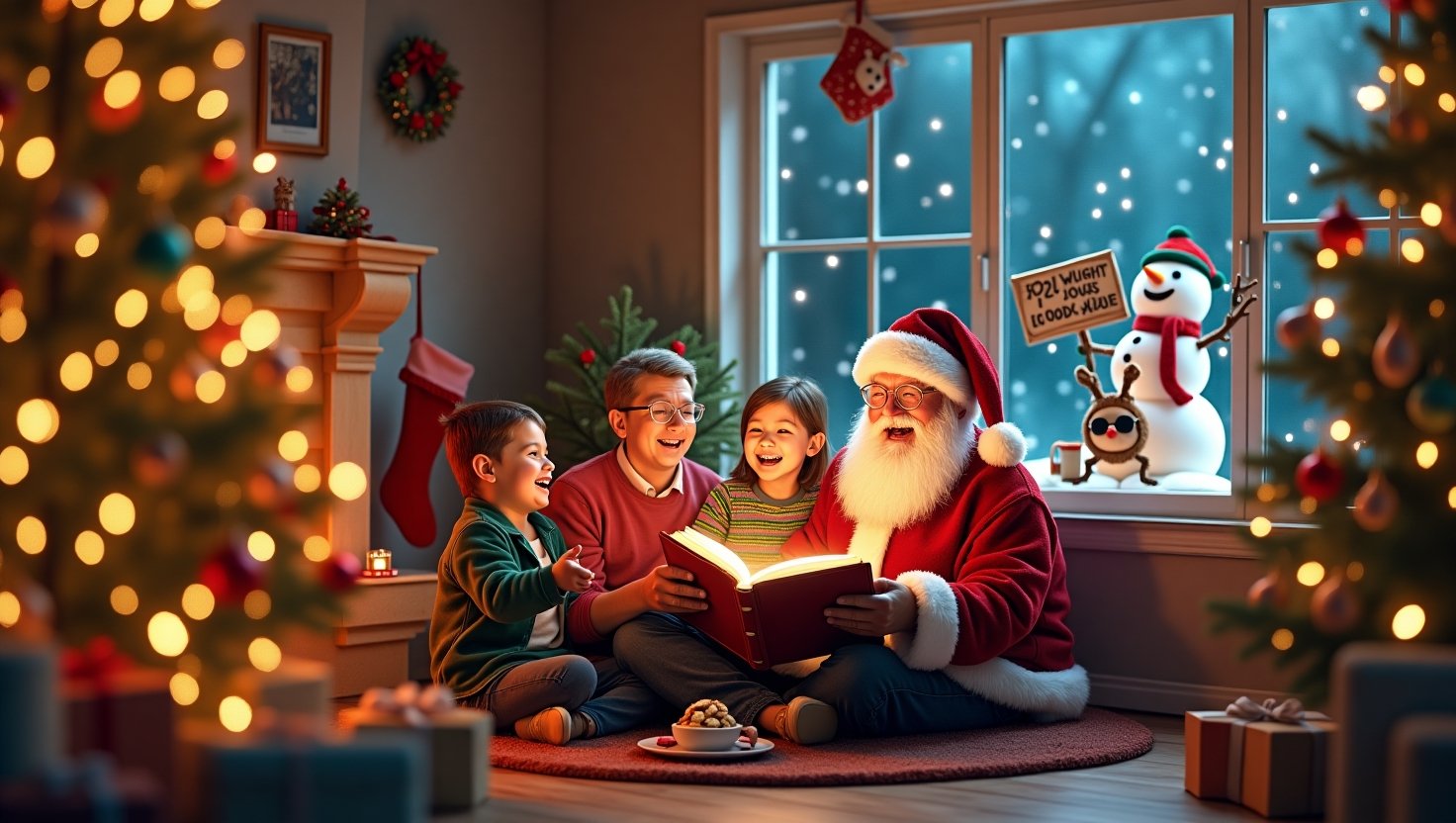 A cheerful family laughing together around a Christmas tree while reading a holiday joke book, with Santa peeking through the window and a snowman holding a funny sign outside.