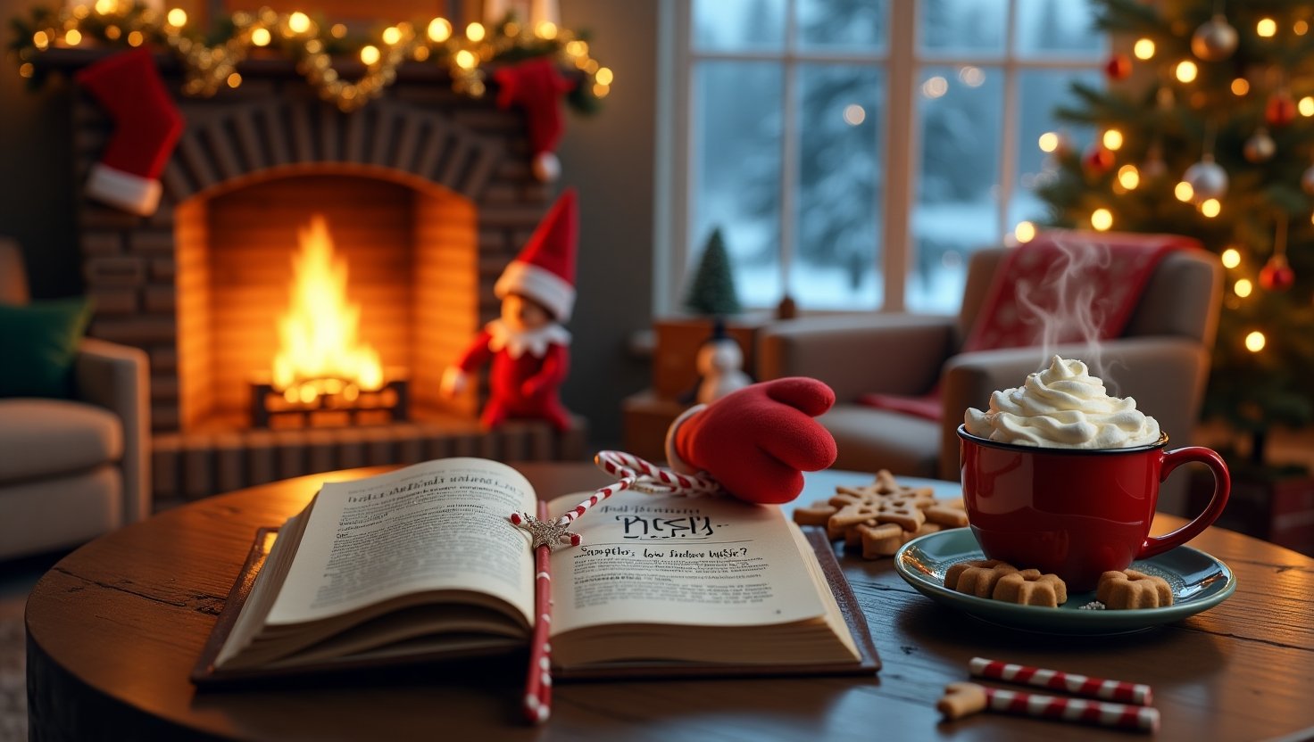 Cozy Christmas scene with a book of holiday puns, hot cocoa, and festive decor—including a playful elf and Santa’s glove mid-motion. Perfect for funny Christmas content!
