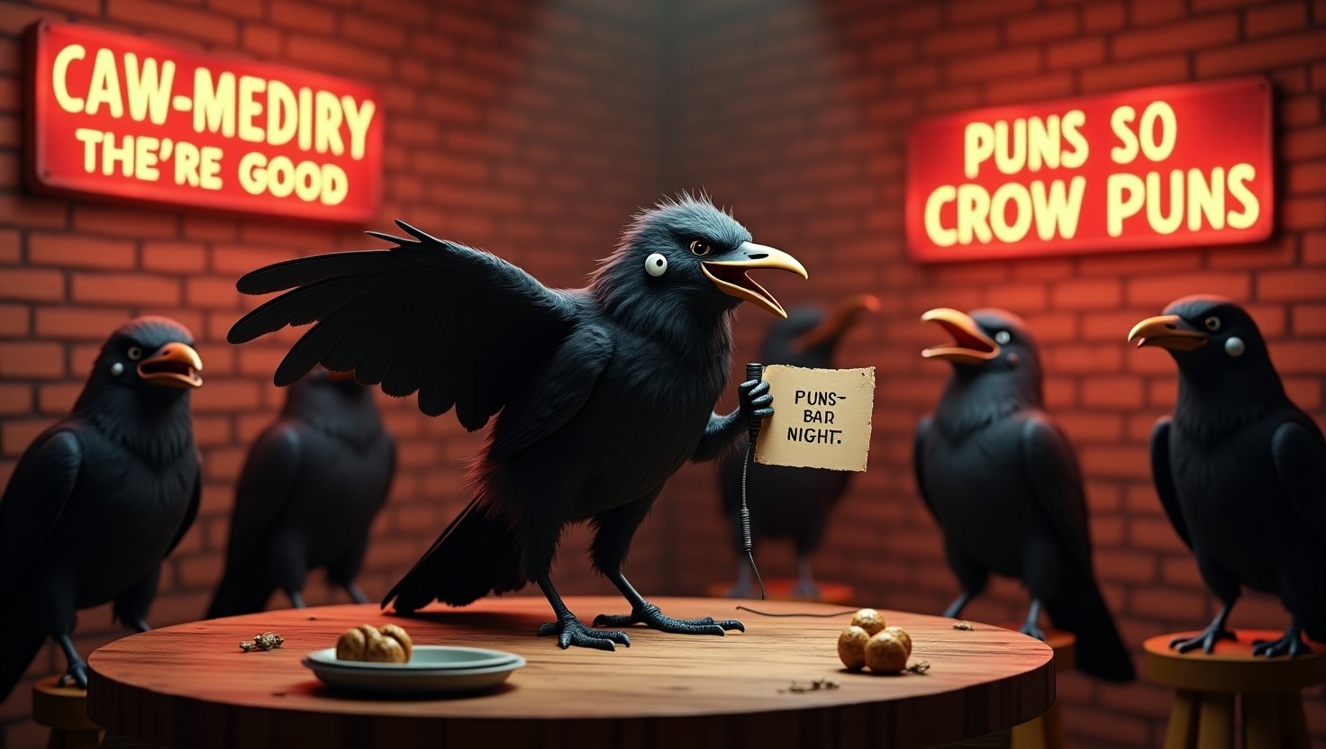 A mischievous crow performs stand-up comedy on a tiny stage, surrounded by laughing crows in a cozy club. Neon signs read "CAW-MEDY NIGHT" as the comedian holds a "175+ Crow Puns" cue card.