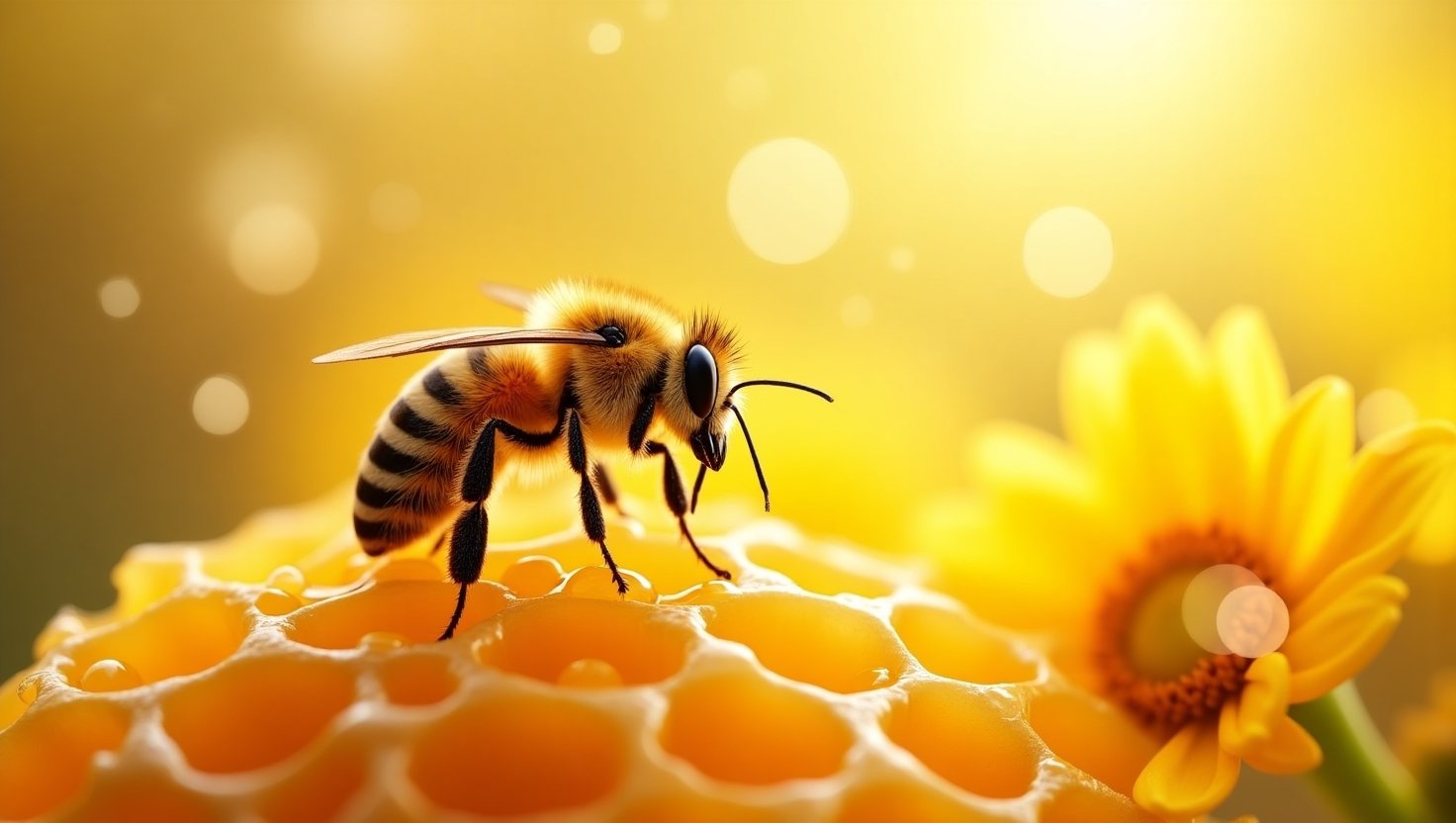 A realistic bee hovering over a honeycomb with golden honey and blooming wildflowers in the background, symbolizing laughter and puns in a cheerful tone.