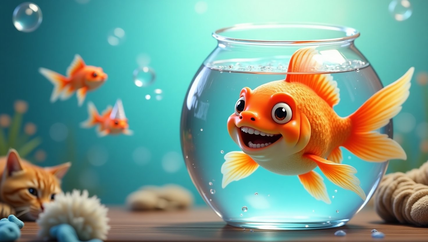 A smiling orange goldfish in a glass bowl with floating pun bubbles like 'Fin-tastic!' and 'Gill-arious!' for a funny blog post about goldfish puns.
