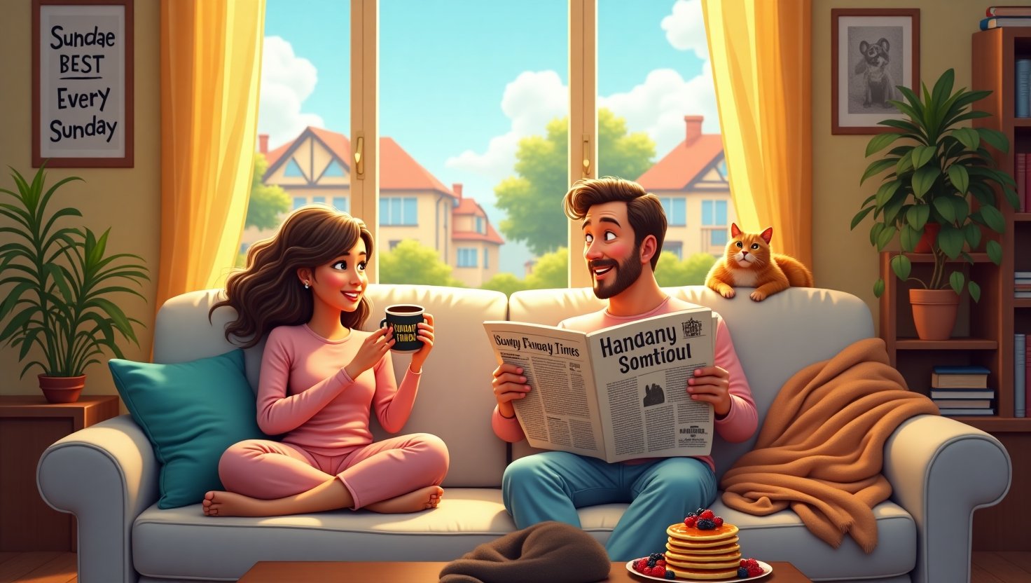 A cozy Sunday morning scene with a smiling woman relaxing on a couch in pajamas, holding coffee, surrounded by pun-filled items like a waffle saying “I’m feeling square,” a newspaper headline “Sundae Scaries,” and a cat curled up with a blanket labeled “Nap-itation Time.” Warm sunlight pours in through the window, setting a calm, cheerful weekend vibe.