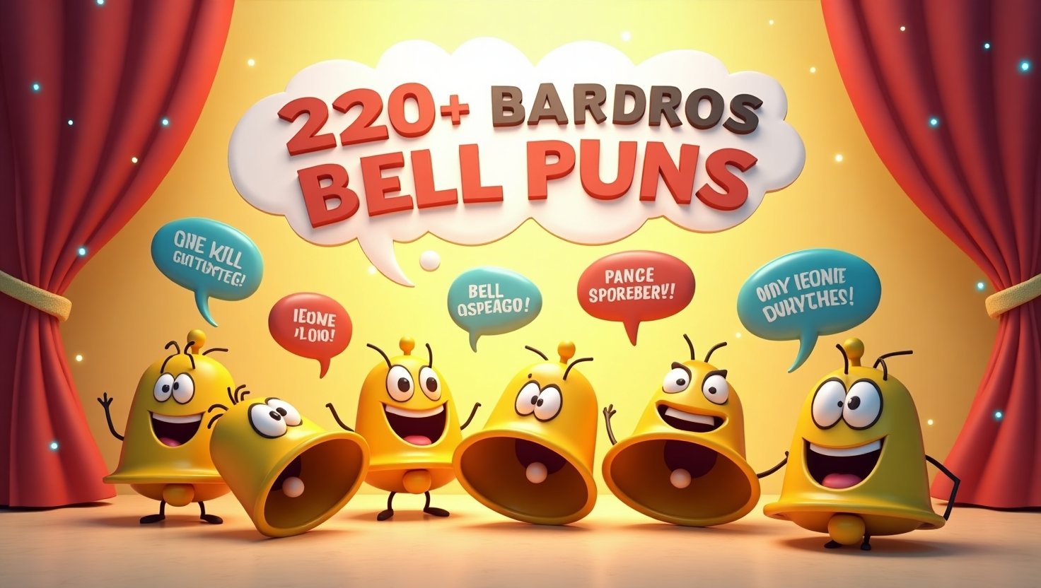A colorful, cheerful scene of animated bells with smiling faces and pun-filled speech bubbles like “DING-larious!” and “Bell-issimo!” on a comedy stage background, promoting bell-themed jokes and laughter.