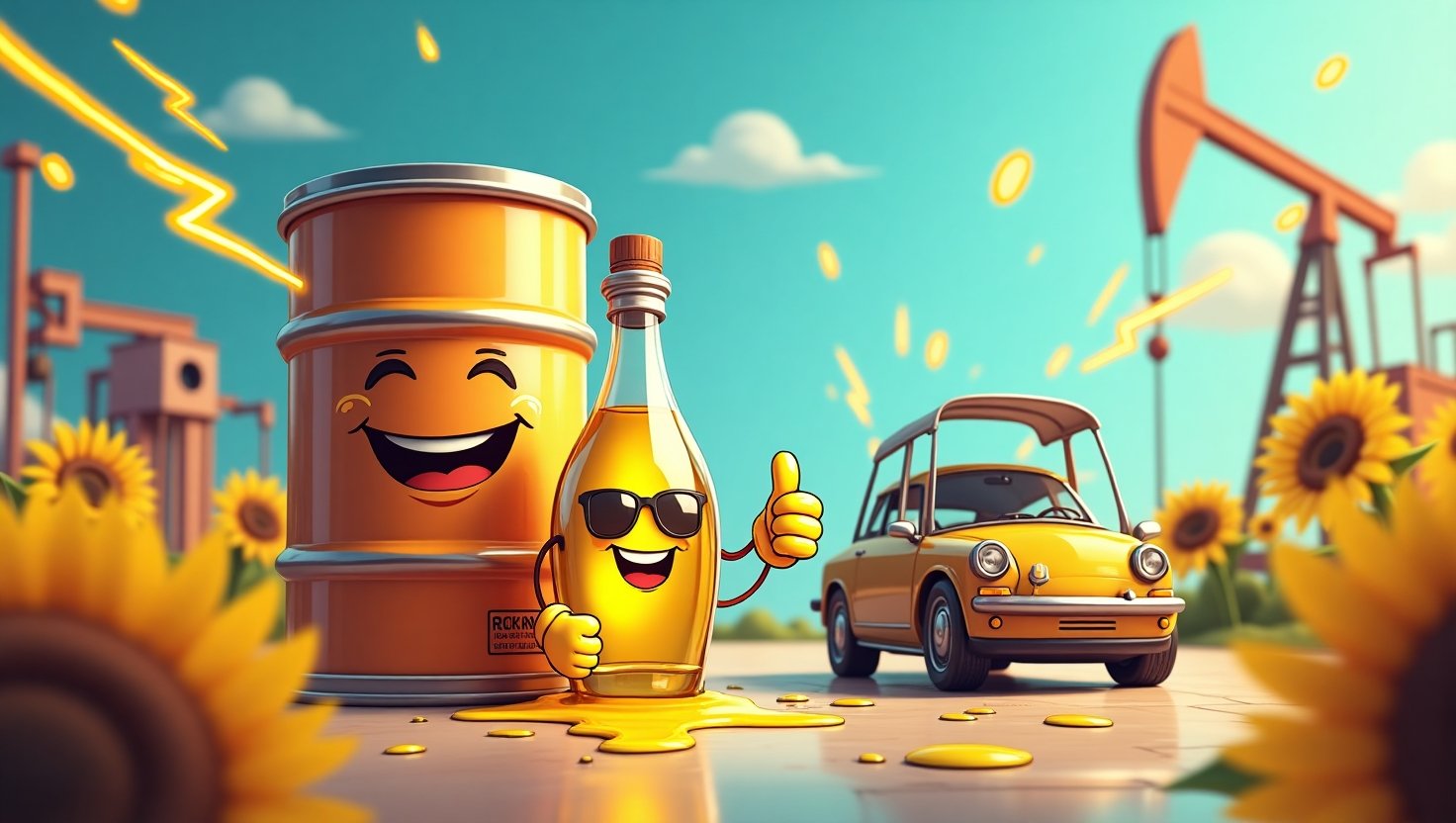 A collection of playful and realistic oil-themed items including motor oil cans, olive oil bottles, oil rigs, and kitchen scenes, all arranged with a humorous and vibrant atmosphere to represent oil puns in daily life.