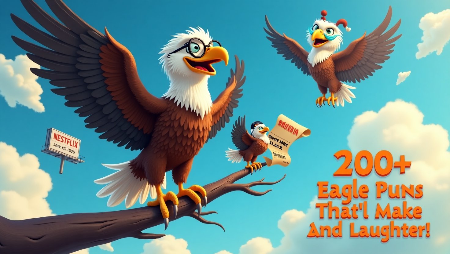 A majestic eagle wearing cool sunglasses and a leather jacket, soaring through a bright blue sky with pun-filled speech bubbles and playful birds around, symbolizing fun and humor.